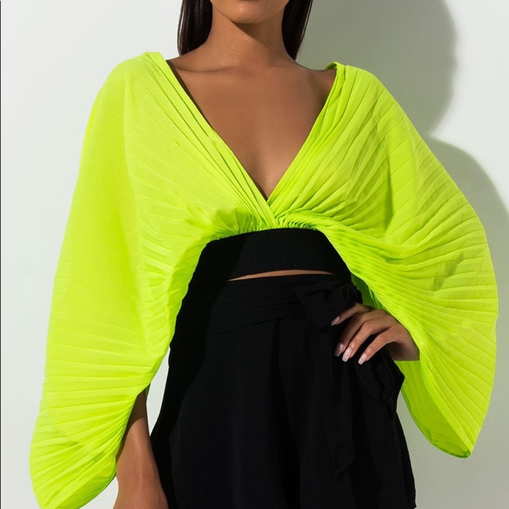 Neon Green Pleated Plunging Top